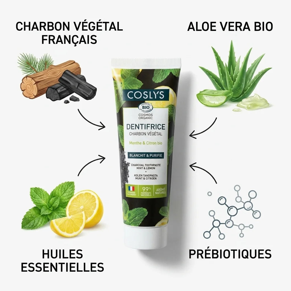 Dentifrice Charbon Végétal Bio Coslys avec ingrédients naturels : charbon, aloe vera et huiles essentielles