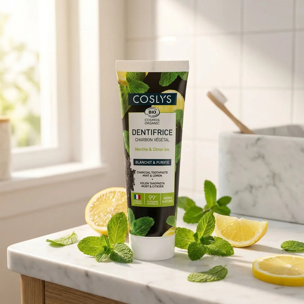 Dentifrice Charbon Végétal Coslys Bio avec menthe et citron sur marbre blanc
