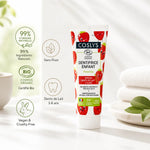 Dentifrice enfant fraise Coslys bio, sans fluor, certifié avec icônes ingrédients naturels