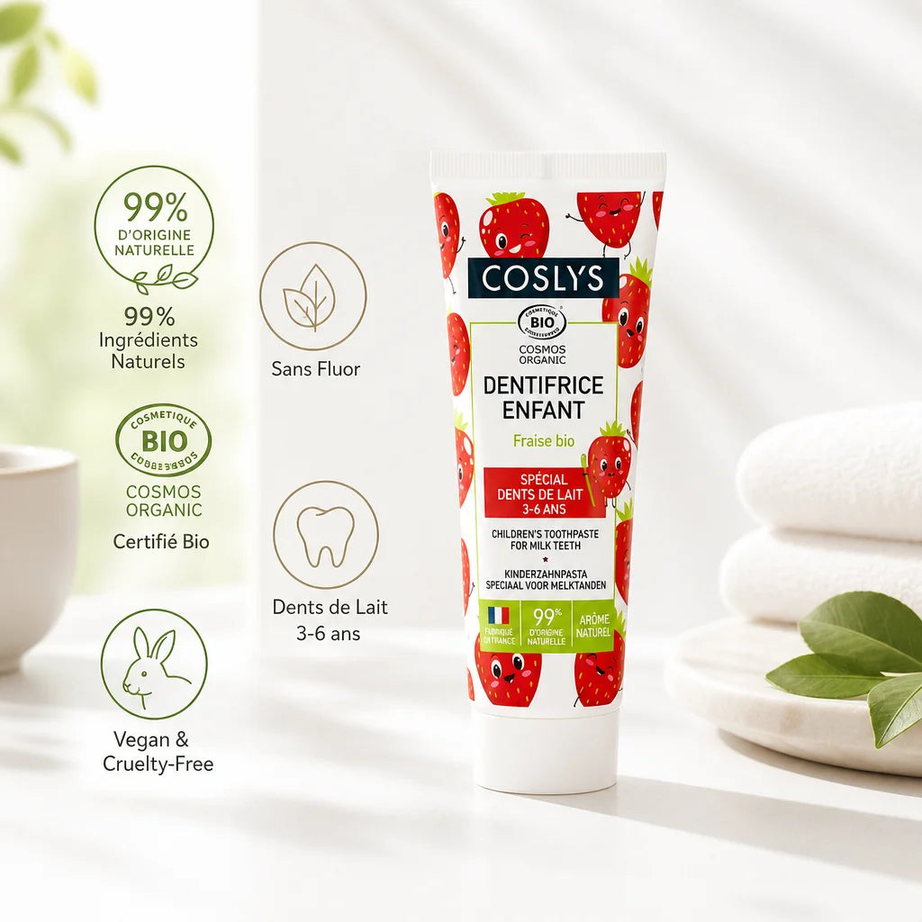 Dentifrice enfant fraise Coslys bio, sans fluor, certifié avec icônes ingrédients naturels