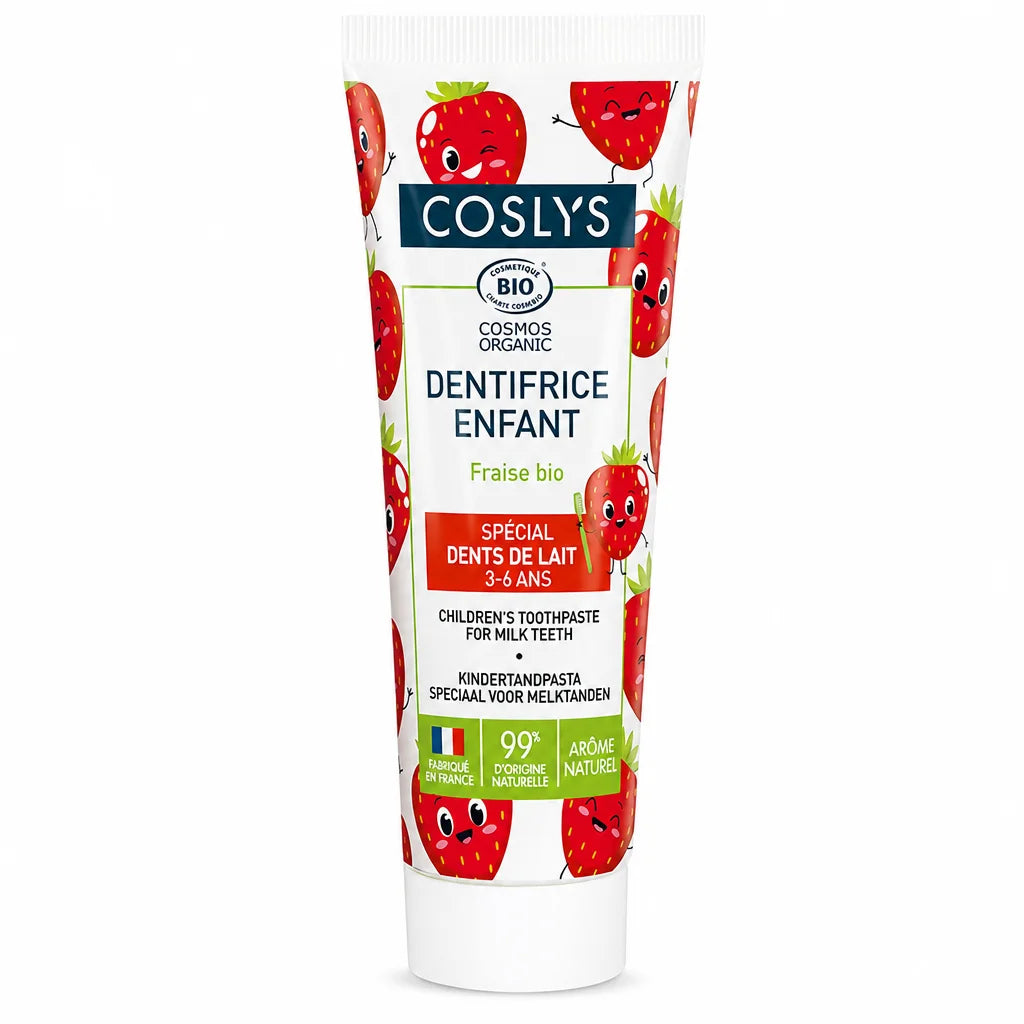 Dentifrice enfant fraise bio Coslys - tube sur fond blanc