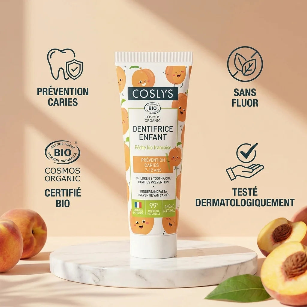 Dentifrice enfant pêche bio Coslys avec bénéfices : sans fluor, certifié bio, testé dermatologiquement