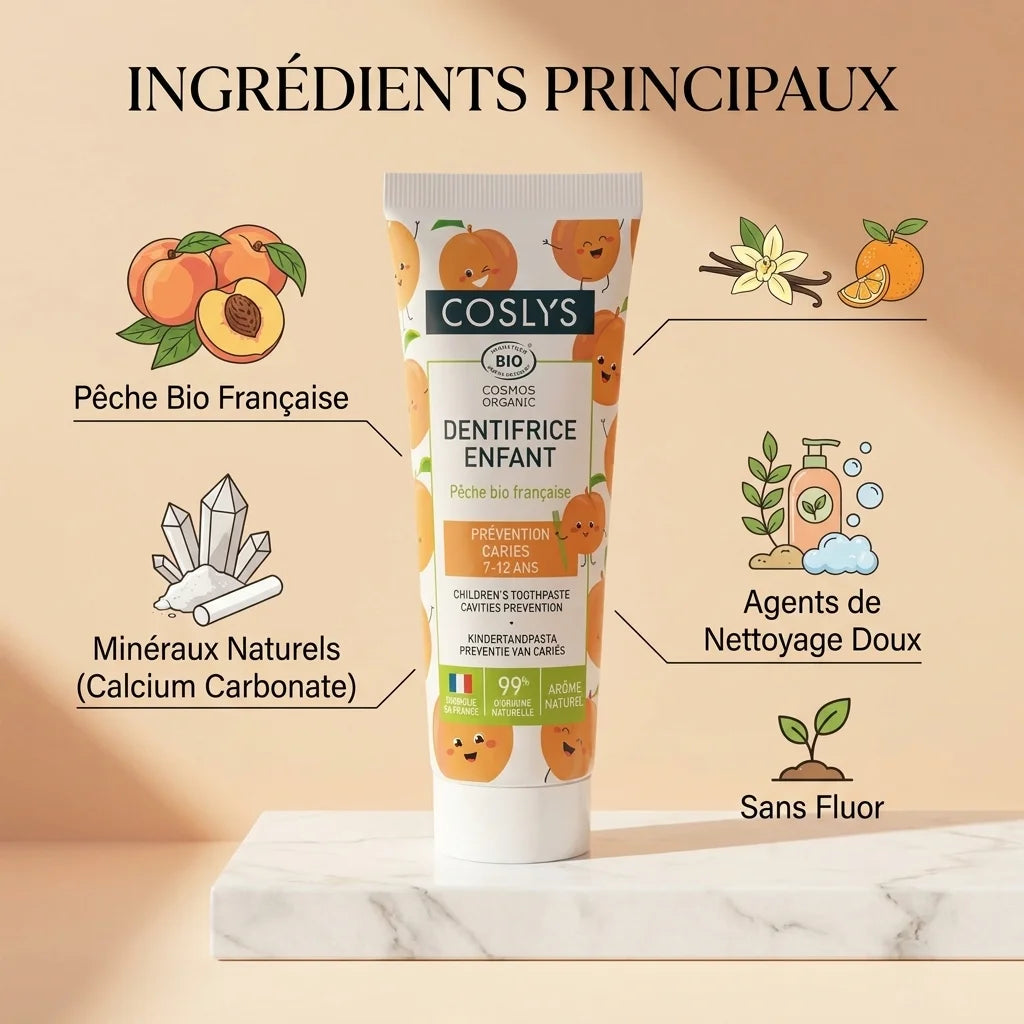 Dentifrice enfant pêche bio Coslys avec ingrédients naturels et certification biologique