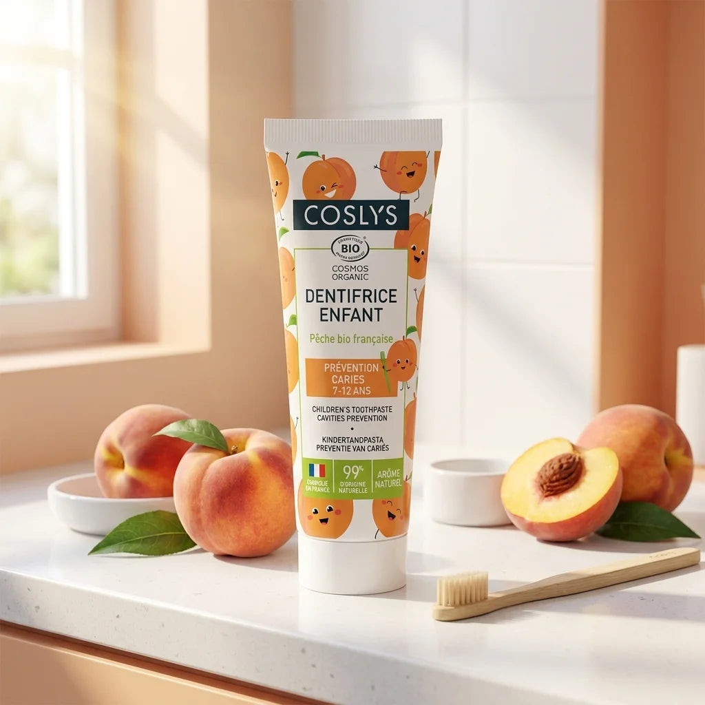 Dentifrice enfant bio Coslys saveur pêche sur comptoir salle de bain avec fruits frais