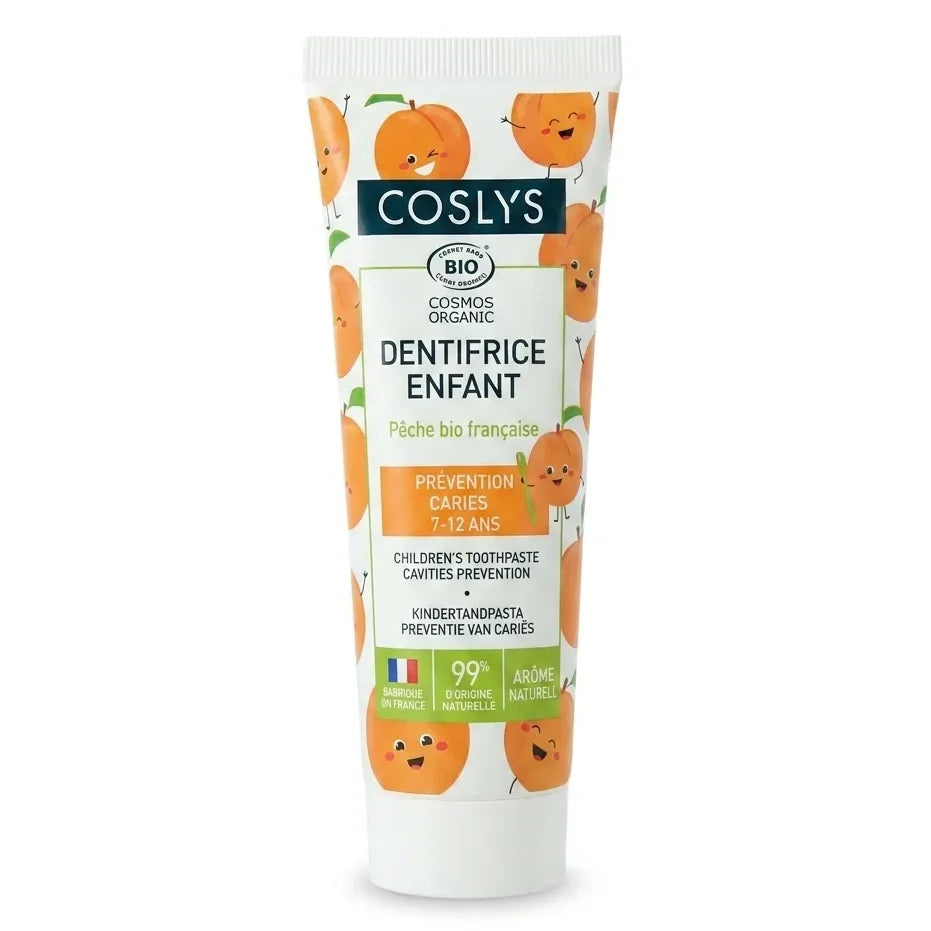 Dentifrice enfant pêche bio Coslys tube sur fond blanc