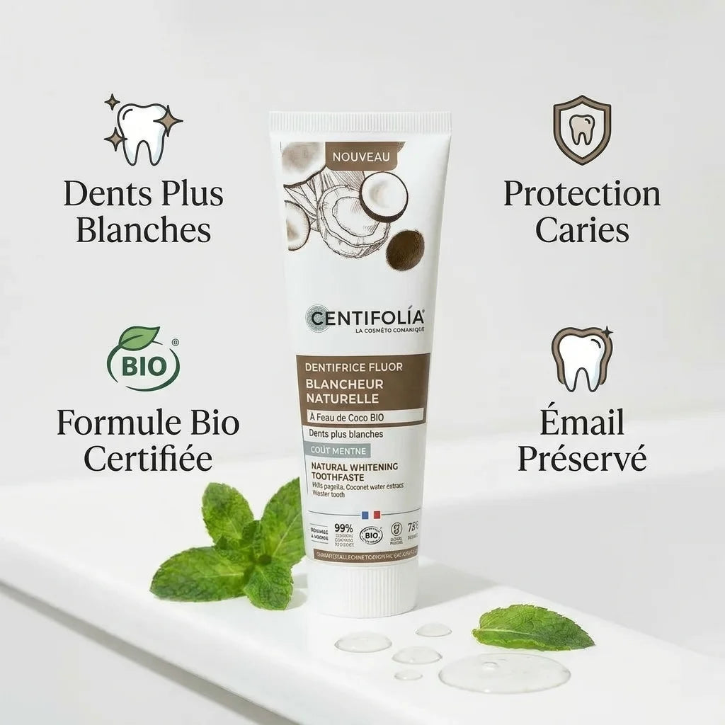 Dentifrice Fluor blancheur Bio Centifolia avec bénéfices : dents blanches, protection caries, formule certifiée