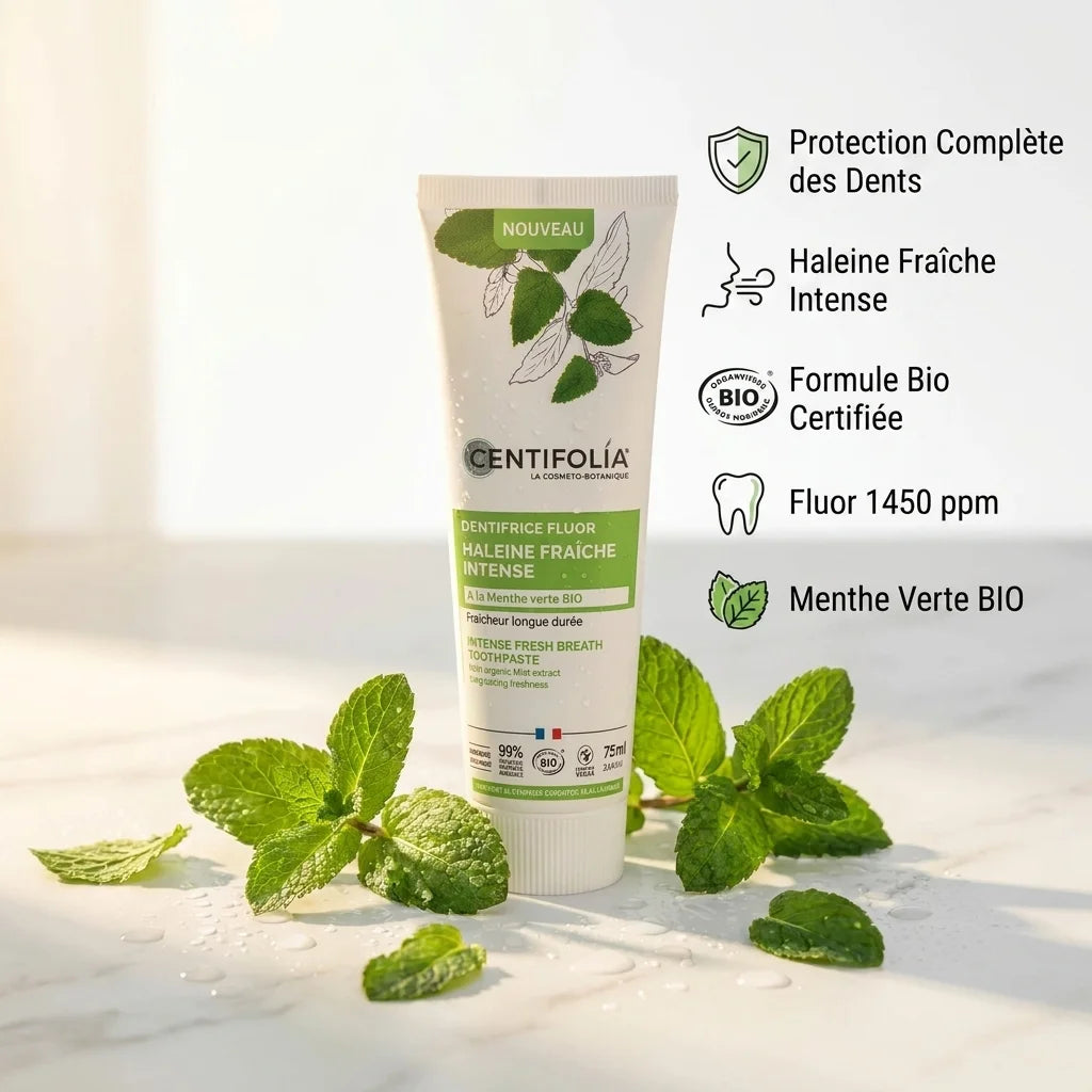 Dentifrice fluor Centifolia bio avec tube, feuilles de menthe et bénéfices : protection dentaire et haleine fraîche