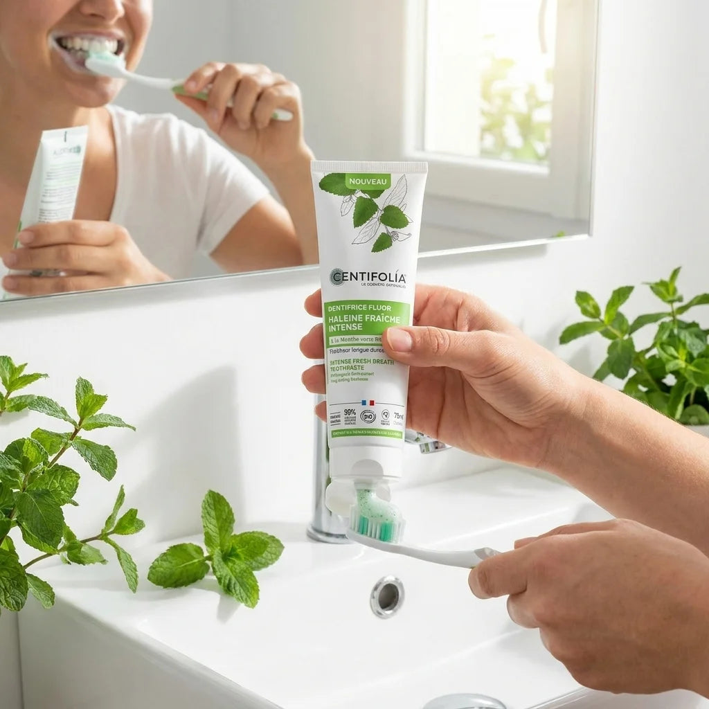 Dentifrice fluor haleine fraîche Centifolia Bio avec menthe, utilisation et sourire éclatant