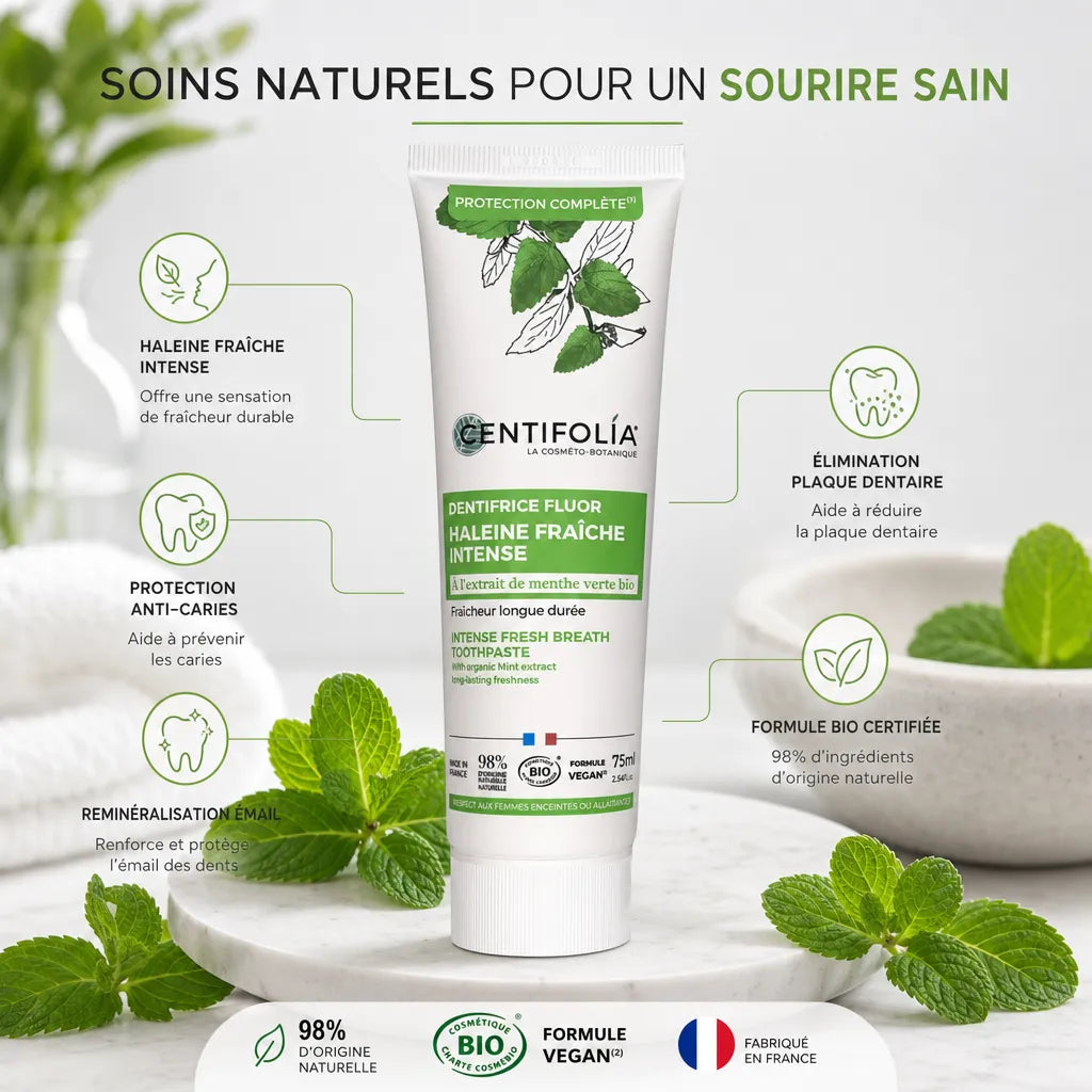 Dentifrice fluor bio Centifolia 75ml avec feuilles menthe et 5 bénéfices haleine fraîche