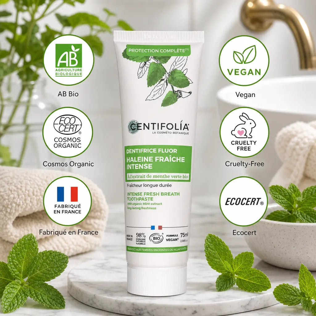 Dentifrice fluor Centifolia Bio 75ml avec certifications écologiques et feuilles de menthe fraîche