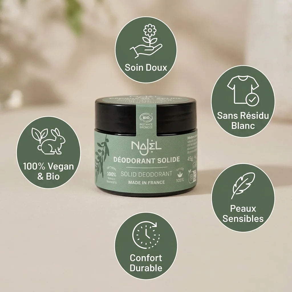 Déodorant baume Najel bio vegan avec icônes bénéfices peaux sensibles sans résidu blanc