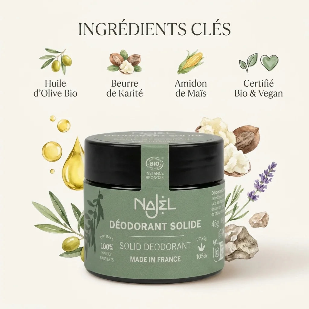 Déodorant baume Najel bio vegan en pot vert avec ingrédients naturels illustrés