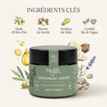Déodorant baume Najel bio vegan en pot vert avec ingrédients naturels illustrés