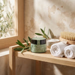 Déodorant baume Najel bio vegan en pot vert sur étagère avec éléments naturels