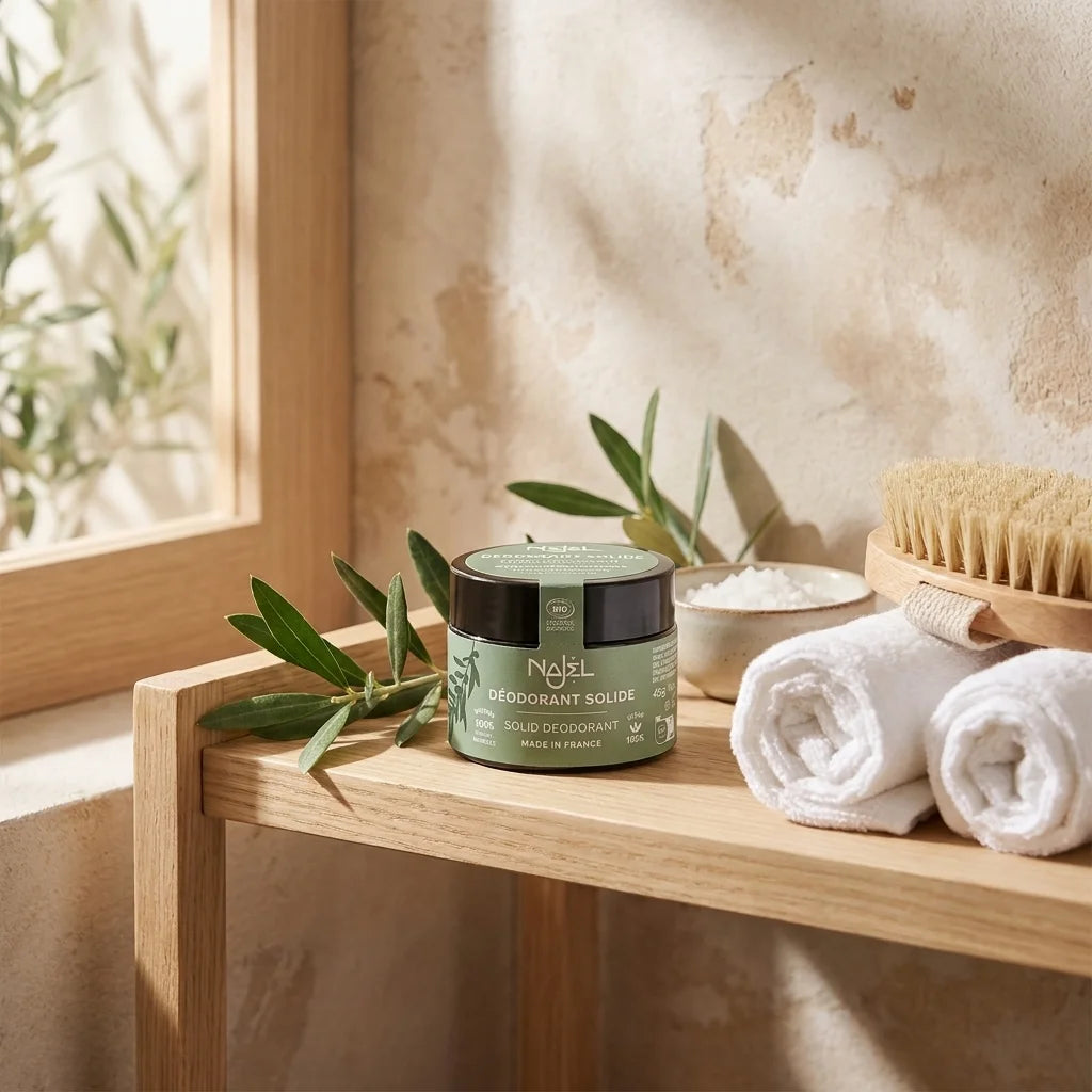 Déodorant baume Najel bio vegan en pot vert sur étagère avec éléments naturels