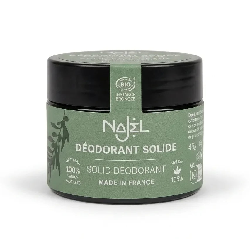 Baume déodorant solide Najel bio vegan en pot vert sauge avec couvercle noir