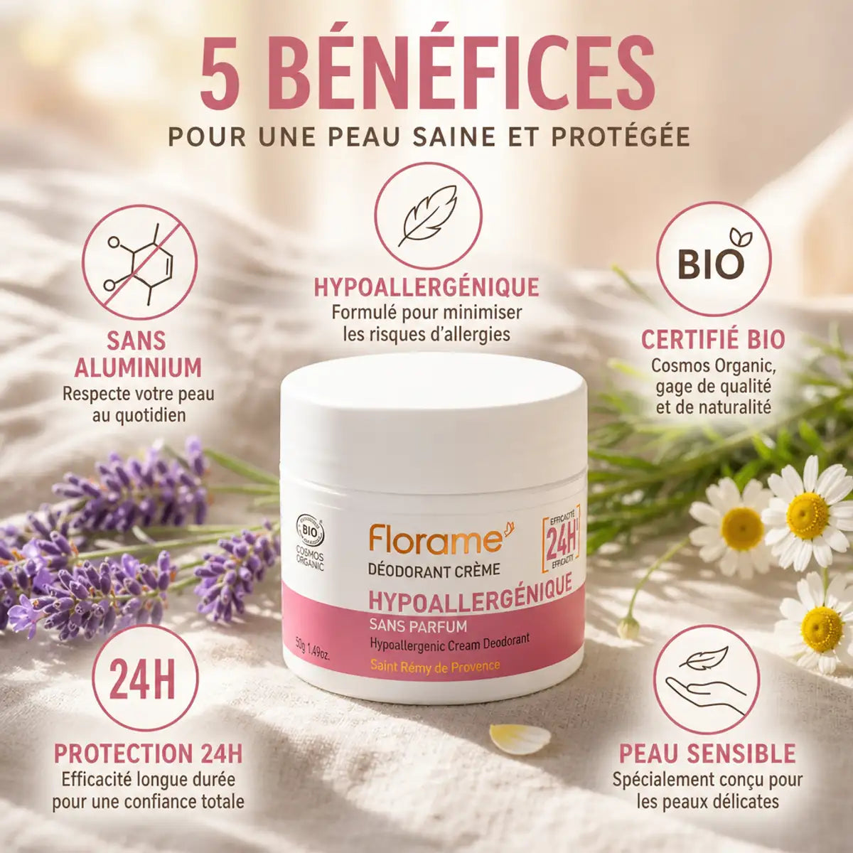 Déodorant crème bio Florame hypoallergénique sans aluminium, protection 24h peau sensible