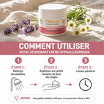 Déodorant crème hypoallergénique Florame bio avec guide application en 3 étapes sur tissu naturel