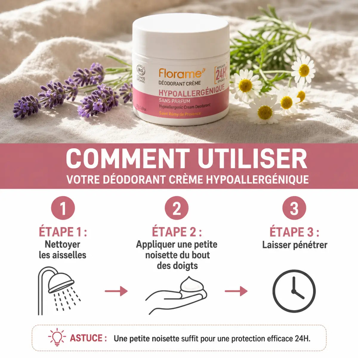 Déodorant crème hypoallergénique Florame bio avec guide application en 3 étapes sur tissu naturel