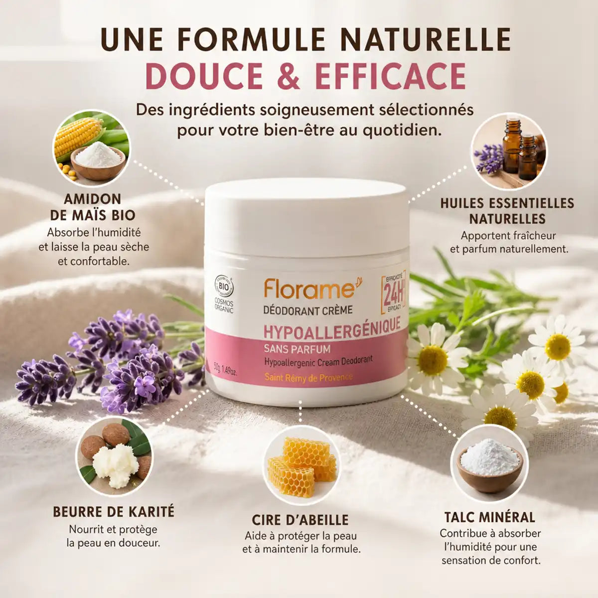 Déodorant crème hypoallergénique Florame bio avec ingrédients naturels: amidon de maïs, karité et lavande