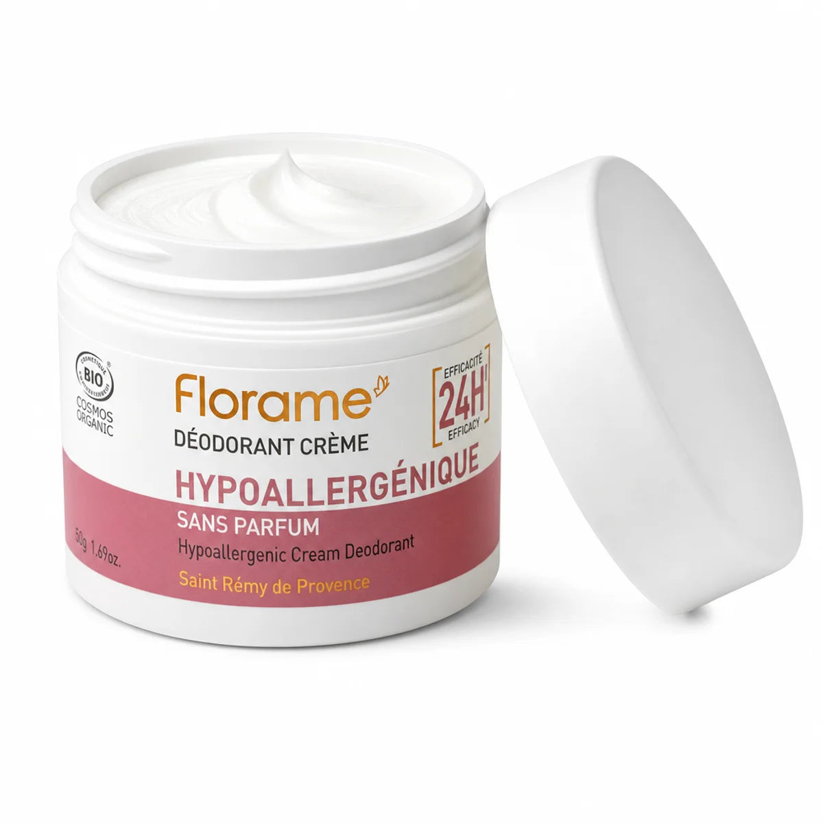 Déodorant crème hypoallergénique bio Florame avec couvercle ouvert sur fond blanc
