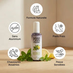 Déodorant spray Déovert pour pieds et chaussures avec icônes de bénéfices naturels et sans aluminium