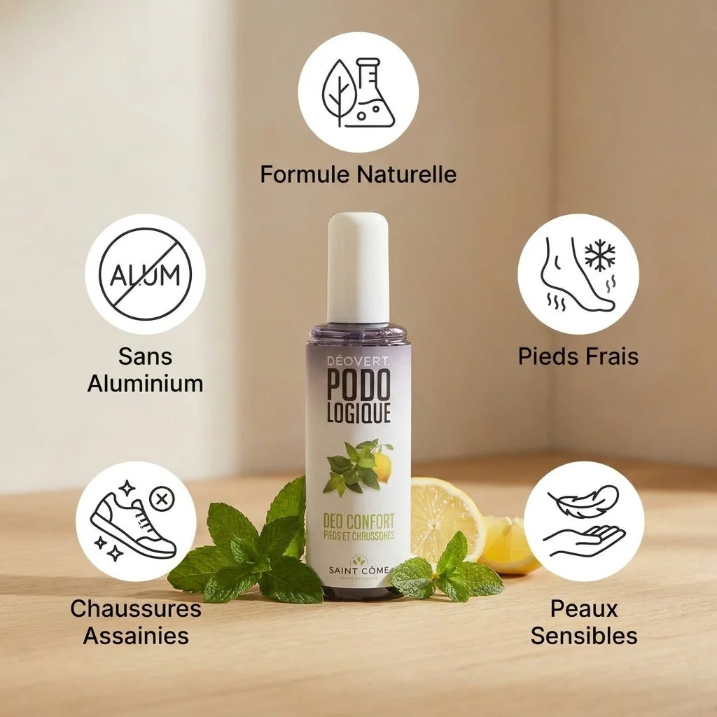 Déodorant spray Déovert pour pieds et chaussures avec icônes de bénéfices naturels et sans aluminium