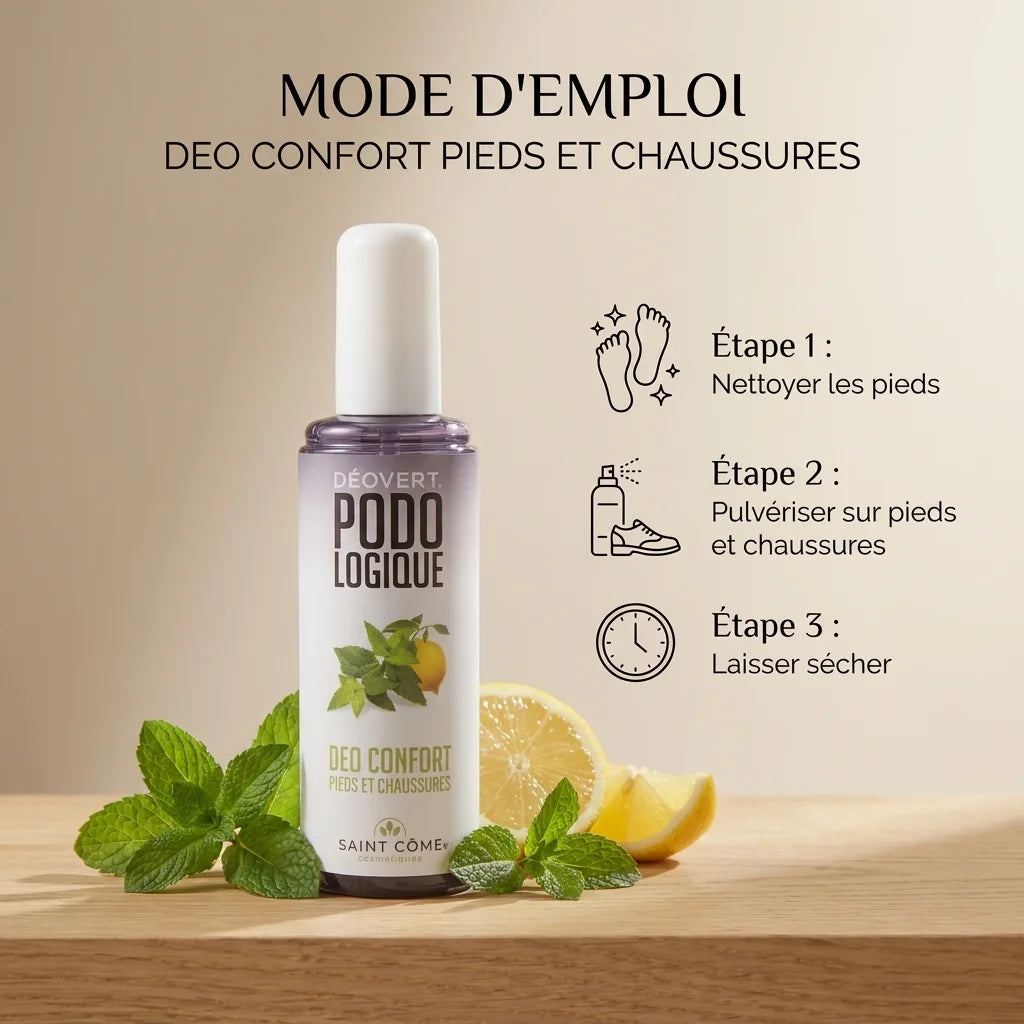 Déodorant Déovert pour pieds et chaussures avec guide d'application en 3 étapes et ingrédients naturels