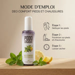 Déodorant Déovert pour pieds et chaussures avec guide d'application en 3 étapes et ingrédients naturels