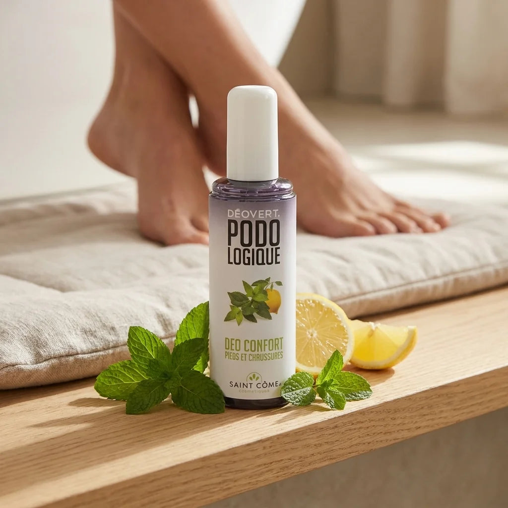 Déodorant Déovert Podologique pour pieds et chaussures sur étagère avec menthe fraîche