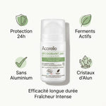 Déodorant roll-on Acorelle 24h bio avec bénéfices : protection longue durée, sans aluminium, ferments actifs