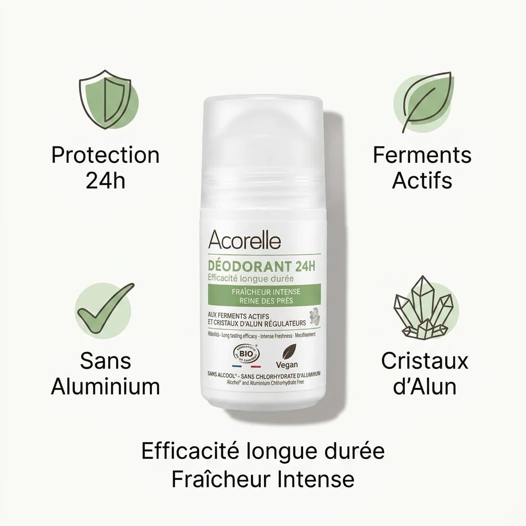 Déodorant roll-on Acorelle 24h bio avec bénéfices : protection longue durée, sans aluminium, ferments actifs