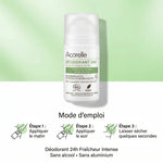 Déodorant roll-on Acorelle 24h bio avec mode d'emploi, sans alcool ni aluminium