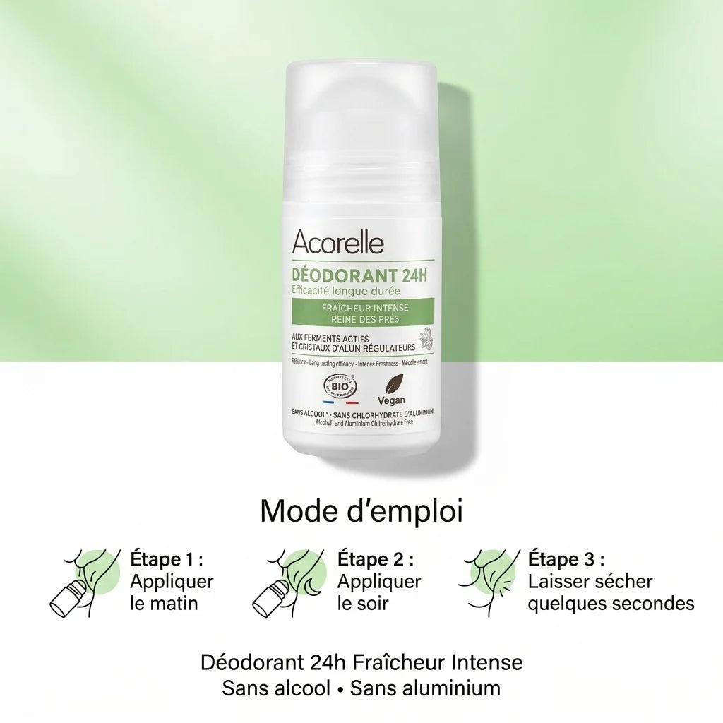 Déodorant roll-on Acorelle 24h bio avec mode d'emploi, sans alcool ni aluminium