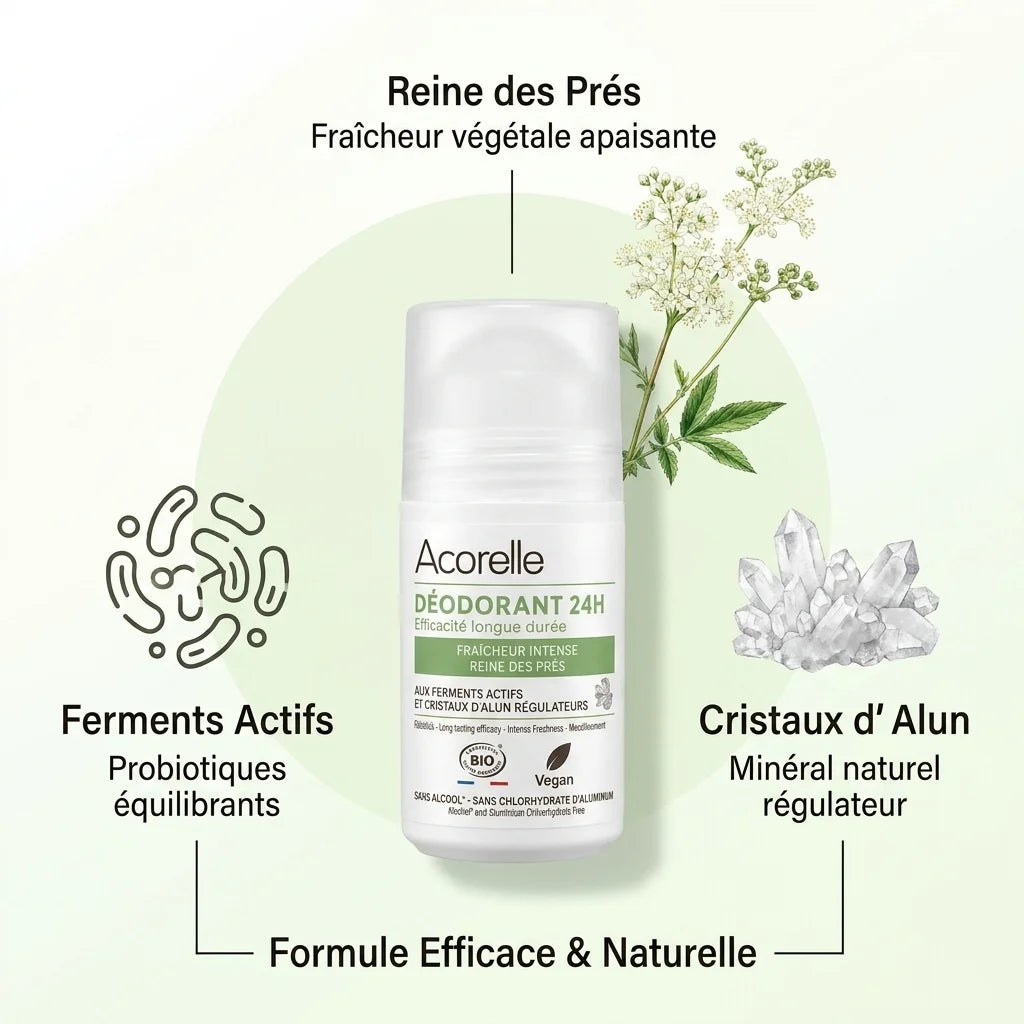 Déodorant roll-on Acorelle 24h bio avec ingrédients actifs : ferments, alun, reine des prés