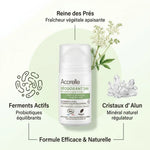 Déodorant roll-on Acorelle 24h bio avec ingrédients actifs : ferments, alun, reine des prés