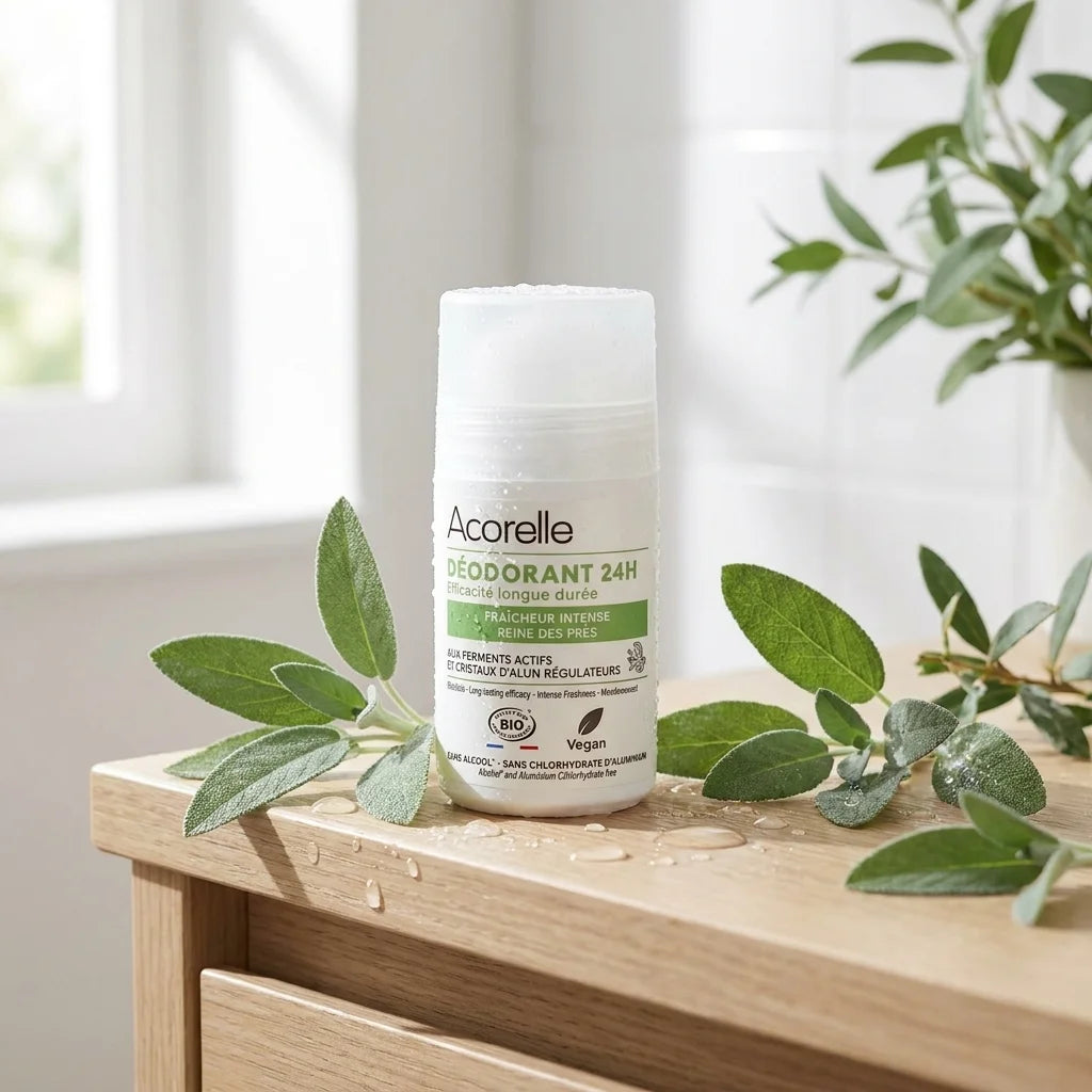 Déodorant roll-on Acorelle 24h bio fraîcheur intense sur vanity avec feuilles vertes et gouttes d'eau