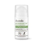 Déodorant roll-on 24h Acorelle certifié bio, packaging blanc et vert, fond blanc
