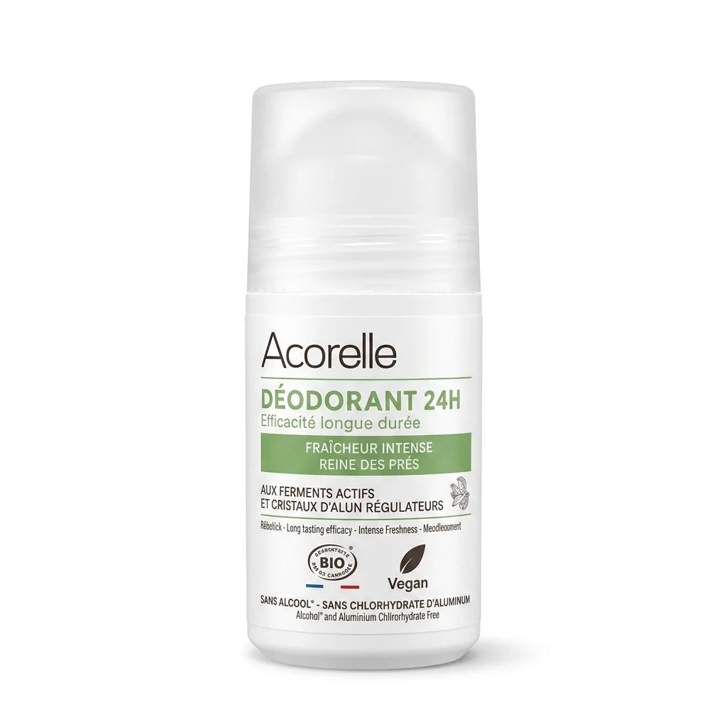 Déodorant roll-on 24h Acorelle certifié bio, packaging blanc et vert, fond blanc