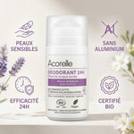 Déodorant roll-on Acorelle bio 24h peaux sensibles sans aluminium certifié