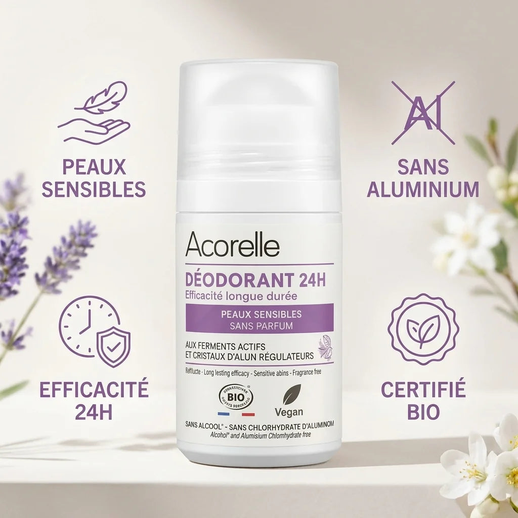 Déodorant roll-on Acorelle bio 24h peaux sensibles sans aluminium certifié