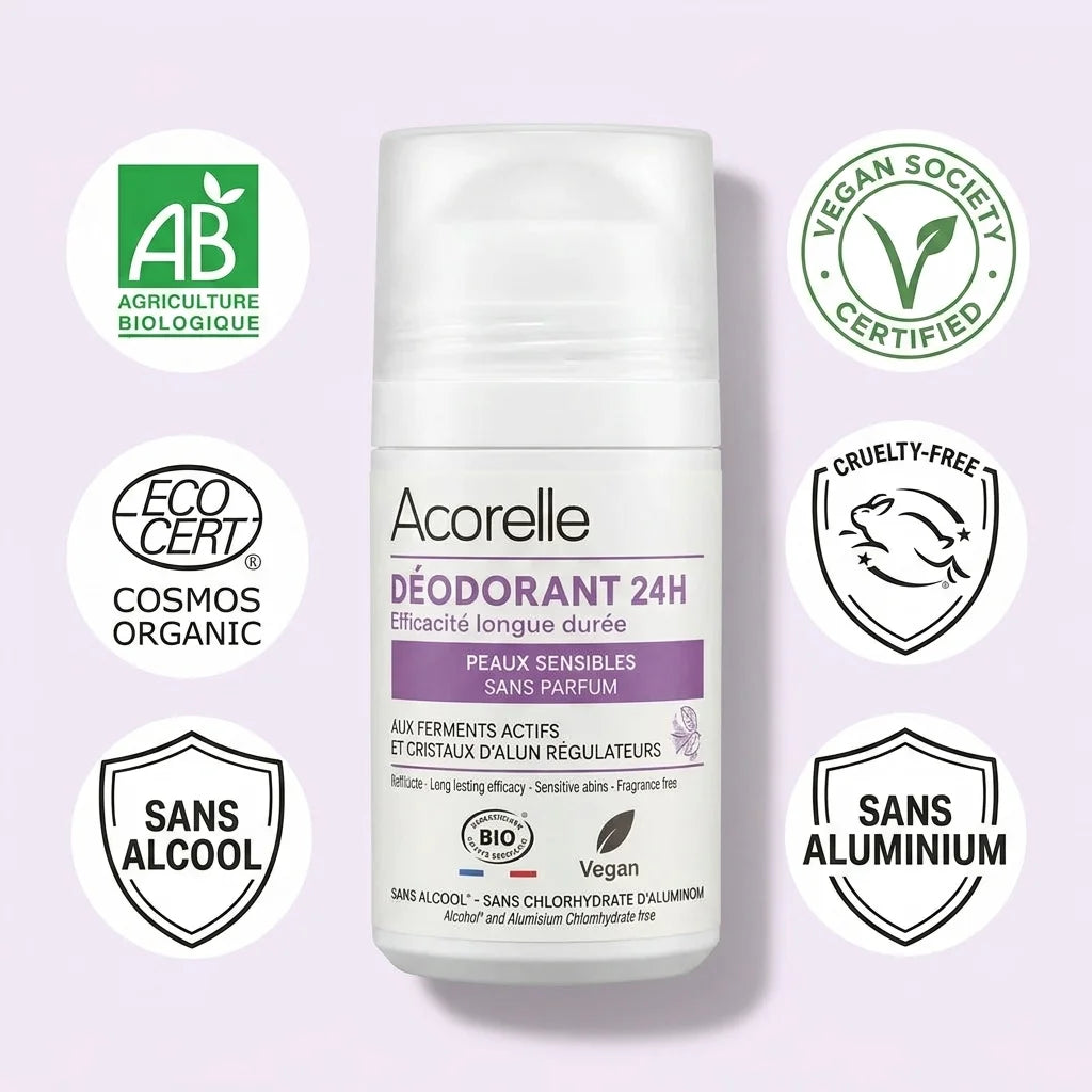 Déodorant roll-on Acorelle 24h bio peaux sensibles avec certifications AB, vegan et sans aluminium