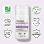 Déodorant roll-on Acorelle 24h bio peaux sensibles avec certifications AB, vegan et sans aluminium