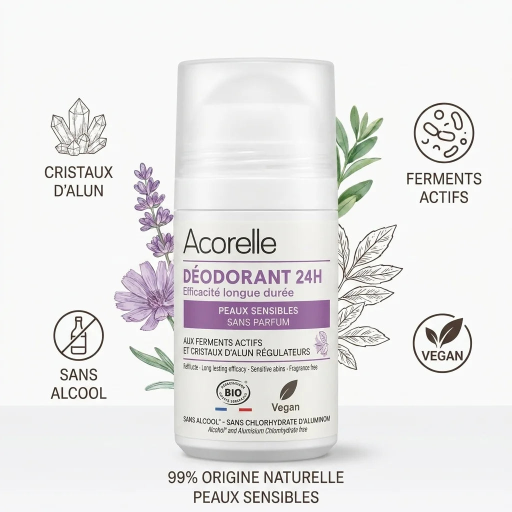Déodorant roll-on Acorelle 24h bio peaux sensibles avec cristaux d'alun et ferments actifs