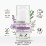 Déodorant roll-on Acorelle 24h bio peaux sensibles avec cristaux d'alun et ferments actifs