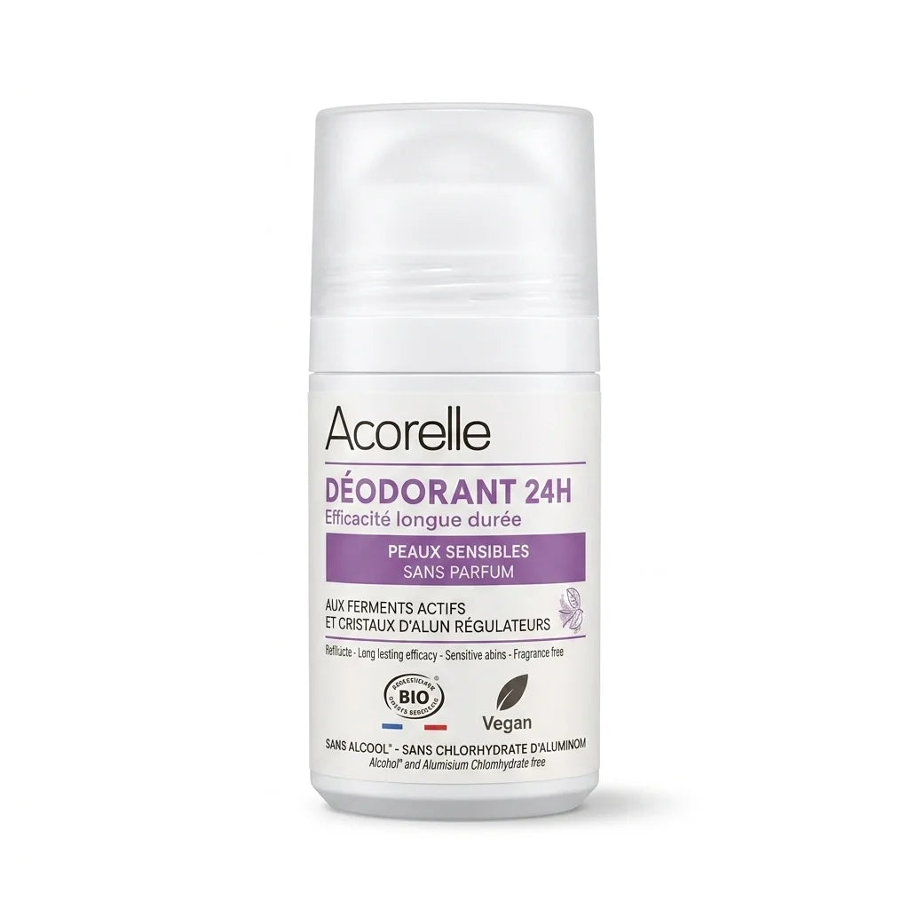 Déodorant roll-on bio Acorelle 24h peaux sensibles avec certifications vegan et bio