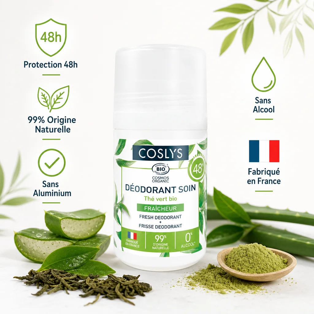 Déodorant bio Coslys 48h sans aluminium avec infographie des 5 bénéfices et ingrédients naturels