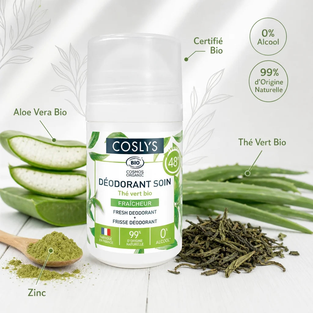 Déodorant bio Coslys Thé Vert avec ingrédients naturels : aloe vera, thé vert, zinc certifiés