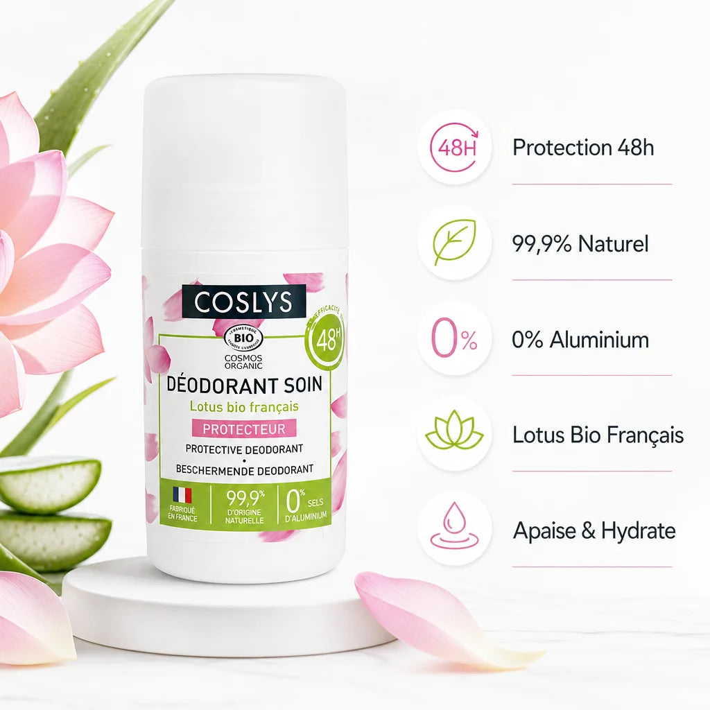 Déodorant Coslys bio 48h, protection naturelle sans aluminium avec lotus français