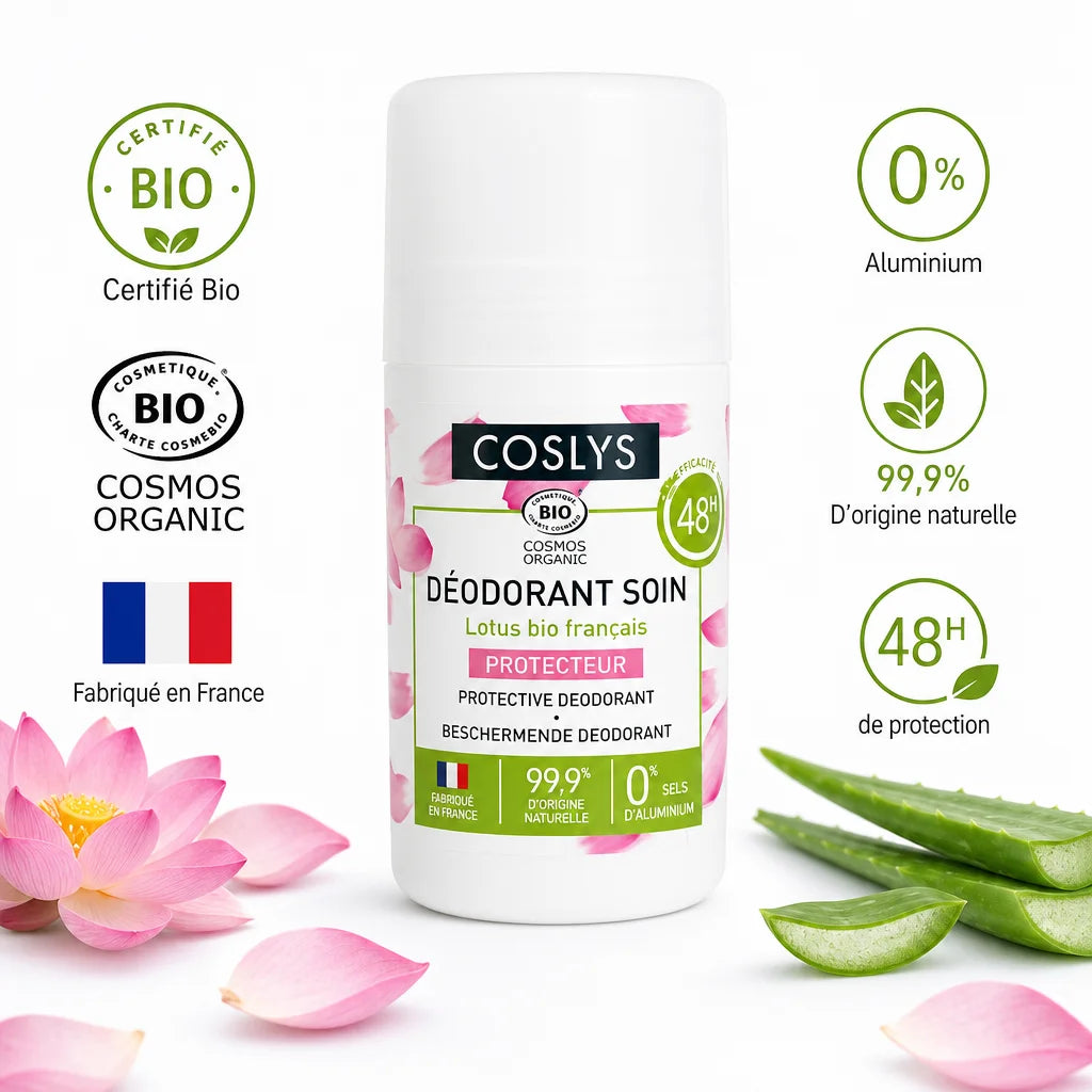 Déodorant bio Coslys certifié avec badges certification, sans aluminium, 48h protection